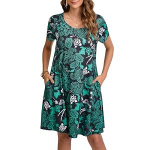 Enmain Robe Femme &agrave; Manches Courtes Longueur Genou Robe t-Shirt d'&eacute;t&eacute; pour Femme &eacute;l&eacute;gante d&eacute;contract&eacute;e boh&egrave;me de Plage avec Poches, Turquoise, 2XL (colorfulfashioneur, neuf)