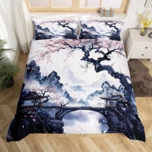 Homewish Housse de Couette 200x200 Fleur de Cerisier du Japon, Parure de Lit Adulte Chinois Oriental Vintage, Sets de Housses de Couettes Fleurs Esth&eacute;tique, Couvre Lit Paysage Peint &Agrave; L'Encre (Suzhou yiyanyun e-commerce Co., Ltd, neuf)