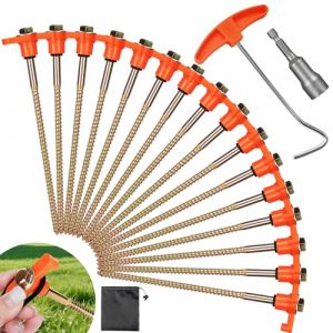 Kimigo 16x Piquets de Tente en Acier,Piquet de Tente a Visser avec Filetage,Crochets de Tente Ancrages Au Sol &agrave; Visser,Piquets en Acier Robustes,avec Crochet en T pour Sols Durs,For&ecirc;T,Herbe (Fluttuante Kft, neuf)