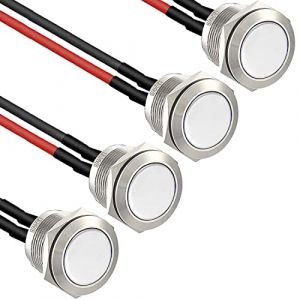 RUNCCI-YUN 4× 16mm Momentané Bouton-Poussoir Étanche en Acier Inoxydable Bouton-Poussoir, boutons de sonnette 12V 2A 250V， pour voiture, PC, lampe de table（ Ronds） (Tête plane)（précâblé） (RUNCCI-YUN, neuf)