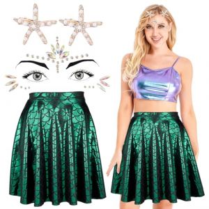 BOFUNX Costume de Sirène Femme,Jupe Sirène Brillante+2pcs Barrette Étoile de Mer+Tatouage Gemme de Visage pour Carnaval,Fête de la Musique, Accessoires de Déguisement (A Mi A Mi Hong, neuf)