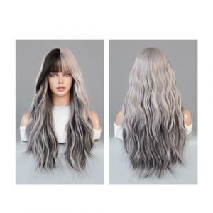 Perruque Avec Frange Perruque longue bouclée ondulée avec frange, perruque longue gris dégradé, perruque naturelle for femmes, adaptée aux fêtes et aux rendez-vous quotidiens Perruque Femme Cheveux Hu (yingyingyy, neuf)