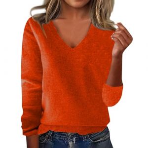 Tee Shirt Manche Longue Femme Grande Taille Oversize Pull Femme Chic Et Elegant Col V Coton Cachemire Sweatshirts Tunique Automne Chaude Pas Cher Top Slim Fit Basique Sweat(Orange,L) (uxxnjfg, neuf)