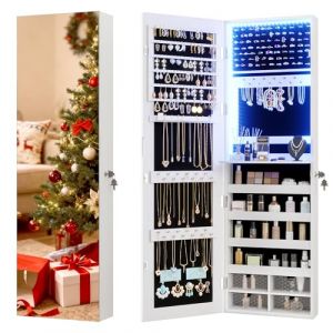 Vlsrka LED Armoire à bijoux avec Miroir, Mural/Porte Armoire à bijoux avec 3 Lumières, Miroir pleine longueur avec bijoux rangement Verrouillable, Armoire bijoux miroir éclairé avec étagères, Blanc (vlsrka, neuf)