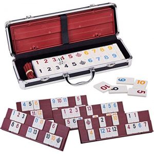 Doublefan Ensemble de jeu rami grande taille avec 106 carreaux et quatre étagères de jeu à 2 niveaux dans un étui en aluminium, ensemble de jeux Rummy Cube pour voyage/camping (2 à 6 joueurs) (Doublefan store, neuf)