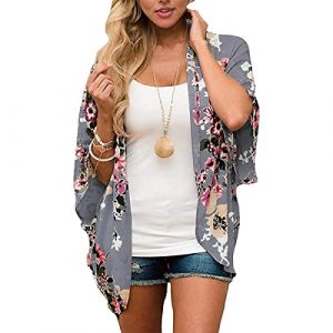 Rétro Élégant Gilet Plage Kimono Femme Veste Cardigan en Mousseline d'été Floral Lâche Demi-Manches de Mode Blouse Châle Sexy Bikini Beachwear Kimono Cardigan Femme Été Mousseline (TB_Shimmer, neuf)