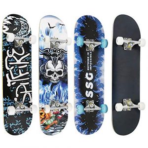 Skateboard Complet pour Enfants, Adolescents et Adultes, débutants, Double Kick Maple Deck Concave Cruiser Skateboard avec Outil en T,79 * 19.5 * 9.5cm (Motif tête de Mort) (Hechheu, neuf)