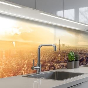 KitchenYeah© Crédence Adhésive Cuisine 60x300 cm Résistant À La Chaleur Plaque Adhesif Fond De Hotte Interieur Cuisson Sur Mesure Paris - Skyline - Coucher Soleil - Villes (KitchenYeah, neuf)