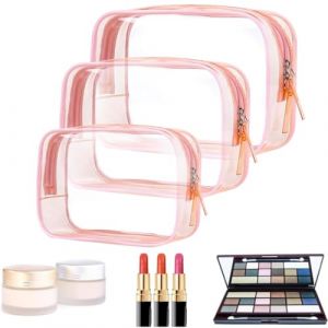 3 PC Trousse de Toilette Transparente Set en PVC, Impermeable Portable Trousses de Maquillage de Voyage Transparente, Trousse Toilette Femme Homme Enfant Voyage (3 tailles) (Rose) (DINODANUBE TRADING, neuf)