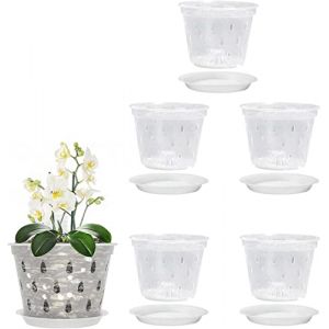 Youning Pots &agrave; orchid&eacute;es transparents 5 pi&egrave;ces Pot &agrave; fleurs en plastique clair Pots pour orchid&eacute;es avec trous et sous-plats Pots de culture pour orchid&eacute;es Pots &agrave; orchid&eacute;es (14 cm avec plateau) (ZDD123, neuf)