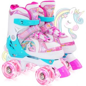 OLYSPM Rollers pour Enfants,Roller Enfant Fille,Roller Enfant Garcon,Patin a Roulette Réglables en 4 Tailles avec 8 Roues Clignotantes pour Garçons,Filles,Débutants(Rose) (Glohamoras OÜ, neuf)