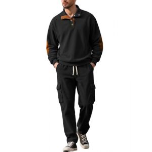 PADOLA Surv&ecirc;tement Homme 2 Pi&egrave;ces Velours C&ocirc;tel&eacute; Ensemble Jogging Sport Surv&ecirc;tements 1/4 Boutons Sweatshirt avec Patch&eacute;s Pantalon Velours de Jogging Taille Elastique Tracksuit (Noir, M) (Chaos World Apparel, neuf)