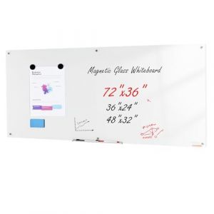 VEVOR Tableau Blanc Magnétique Effaçable à Sec en Verre 182,9x91,5 cm, Grand Tableau Mémo Mural sans Cadre, avec Plateau de Marqueurs, un Effaceur et 2 Marqueurs, pour Bureau École Restaurant Domicile (VEVOR Direct Store FR, neuf)
