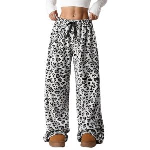 WINKEEY Pantalon Pyjama Femme en Polaire Douce Bas de Pyjama Pantalon Large Taille Haute &Eacute;lastique L&eacute;opard Tendance Y2K, L&eacute;opard Blanc S (WINKEEY, neuf)