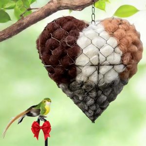 Handmade Alpaca Fiber Bird Nesting Heart with Artificial Decorative Birds, Alpaca Bird Nesting Material Holder, Handmade Fiber BirdNesting Heart for Garden, Yard & Birds Lover (Birdhouses*1+Bird*1) (MIAO DUO, neuf)