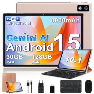 2026 Dernière Tablette 10 Pouces Android 15, 30Go RAM + 128Go ROM(TF 2To), Avec 5G WiFi Octa-Core 2.0GHz, 8000mAh, GPS, Gemini AI tablette, Widevine L1, Tablette Tactile avec Clavier+Souris (Or ) (EURO COMMERCE 2025 BSEC, neuf)