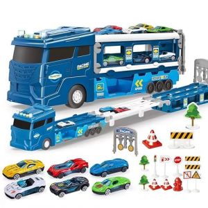 Camion Transporteur Voiture pour gar&ccedil;ons de 3, 4, 5, 6 Ans, 115cm de Pistes Pliables Avec &eacute;jecteurs et 6 Mini Voitures, Facile &agrave; Transporter, Camion de Course pour enfants, Cadeaux Jouets enfants 3+ (TARANU, neuf)