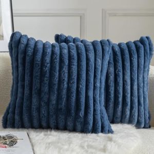 Mandioo Lot de 2 Housse de Coussin Rayures Fausse Fourrure Doux Confortable Taie d'oreiller Decoration Maison Salon Chambre pour Canapé 65X65 CM Bleu (Mandioo_eur, neuf)