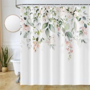 Rideau Douche Vert Sauge, Uiiooazy Rideau de Douche Feuilles d'eucalyptus Fleur Rose Rideaux de Baignoire Anti Moisissure Imperméable Tissu Polyester Lavable Rideaux de Bain avec 12 Crochets 180x220cm (dongguibinjingpinxiaodianpu, neuf)