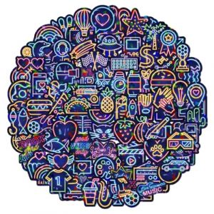 Autocollant 200 Pièces Éclair Laser Neon Stickers, Autocollant Vinyle Impermeable, Stickers pour Skateboard Scrapbooking Pc Ordinateur Portable Valise Telephone MacBook Bouteille Tablette Journal etc (Anilalowbility, neuf)