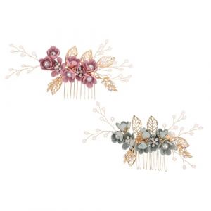 DECHOUS Peignes &agrave; Cheveux de Mari&eacute;e Fleuris 2 Pi&egrave;ces Accessoires de Coiffure pour Mariage en Perles et Cristaux Coloris Vert Menthe et Violet pour C&eacute;r&eacute;monie et Fian&ccedil;ailles (Delicious.C, neuf)