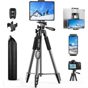 MACTREM Tr&eacute;pied Portable pour iPad iPhone, 165cm/65 T&eacute;l&eacute;phone Trepied Stand pour Tablette Smartphone Cam&eacute;ra avec T&eacute;l&eacute;commande sans Fil, Sac de Transport, pour Voyage/Youtube/Selfie/TikTok,Gris (haikun-fr, neuf)