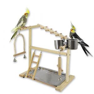 WishesMar Aire de Jeux pour Oiseaux Terrain de Jeu pour Perroquet avec Support Perchoirs Gobelet d'alimentation Balan&ccedil;oire &Eacute;chelle et Plateau, Bois, Taille 39.5x36.7x23 CM (Nicemeet999, neuf)