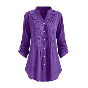 Minetom Chemisier D&eacute;contract&eacute; en Dentelle Tunique Femme Grande Taille Chic Blouse &Eacute;l&eacute;gant Fluide Manches Longues Tops L&acirc;che T-Shirt Violet 42 (Mon Bon Coup FR, neuf)