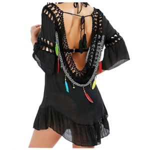 Jinsha Femme Robes Bikini de Plage Pareo Vetements Tunique Tenue Cache-Maillots Poncho Sarongs Couvrir Sexy Crochet Lacet Chemise Beach Bain Kimono Tropical Élégant Bohoême de Plage Été Femme Noir (Jinsha Store, neuf)