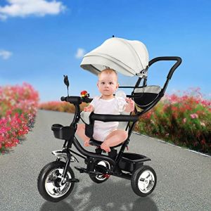 Tricycle Bébé Évolutif Jusqu'À 30 Kg, Velo Bebe pour Les Enfants À Partir de 1 an, Soleil Canne Télescopique et Pédales Amovibles Tricycle à Pousser pour Filles/Garçons-4 en 1 (Gris Clair) (Hechheu, neuf)