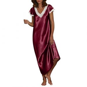 Chemise de Nuit Femme Satin Dentelle Pyjama Sexy &agrave; Col en V Profond Robe Longue Couleur Unie Grande Taille Manches Courte Robe de Nuit Coquin Nuisettes Pleine Slip Chemises Nuit Femme (UoUa1245, neuf)