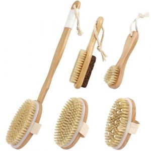 Brosse Dos Douche Long Manche, 5 Pièces Brosse pour le corps de Massage, Brosse Dos Douche, avec manche amovible 3 Têtes de Brosse de Bain Détachable, Crinière Naturelle Douce, 42 cm Longueur (Promo Holding, neuf)