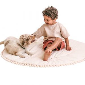 MINICAMP Tapis de Jeu pour bébé pour Le Sol - rembourré - Tapis de Sol Rond avec Pompons pour Les tentes tipi - en Coton 100% certifié - diamètre de 115 cm. (MINICAMP, neuf)
