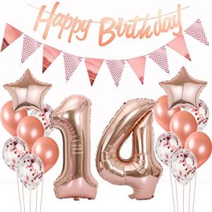 D&eacute;coration 14e anniversaire fille or rose - Ballons guirlande, banni&egrave;re pour d&eacute;coration d'anniversaire (hopewey, neuf)