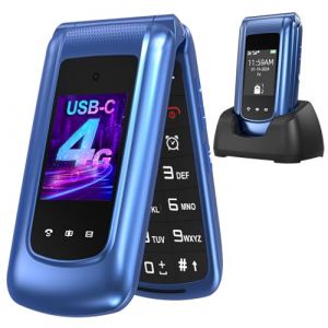 USHINING Téléphone Portable Senior 4G Débloqué, Téléphone Portable à Clapet Personnes âgées avec Grandes Touches Double Écran 2,4 et 1,77 Pouces Double SIM USB-C Bouton SOS Station de Charge, Bleu (Wemat, neuf)