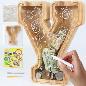 Lakpopya Tirelire en Bois Grande pour Enfant Adulte Tirelire Cochon Personnalisée de Lettres A-Z avec Zone Cible Tirelire Billet Transparente Créative pour Cadeau Décoration Baptême (Y) (Never fail, neuf)