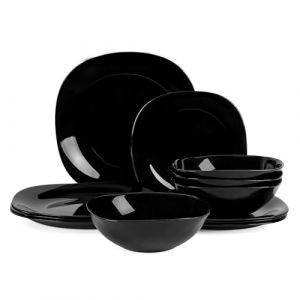 LaGlint Verre Opale Service de Table 12 Pièces pour 4 Personnes Noire Carré, 4 Assiettes Plates, 4 Assiettes à Salade, 4 Bol à Céréale, Empilabe et Passe au Lave-vaisselle (LaGlint, neuf)