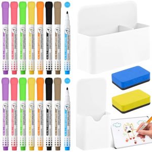 XTUDOU® Porte Marqueur MagnéTique, 16 Stylos Marqueurs pour Tableau Blanc Fins, 2 BoîTes de Rangement, Avec 2 Eponge Tableau Blanc, Porte-Crayon MagnéTique pour éCole, Bureau, Tableau Blanc (Blanc) (XTUDOU, neuf)