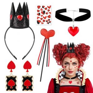 5PCS Accessoires Deguisement Reine de Coeur, Serre Tête Couronne Reine Boucles D'oreilles Collier Cœur Baguette Tatouage, Accessoires Costume Reine de Coeur Femme Fille pour Carnaval Halloween Cosplay (Bpeow eu, neuf)