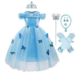 MYRISAM Robe de Cendrillon avec Accessoires Papillon Déguisements Filles Princesse Costume de Carnaval Halloween Cosplay Noël Robe de Soirée Cérémonie Anniversaire Photographie Bal 8-9 Ans (MYRISAM store, neuf)