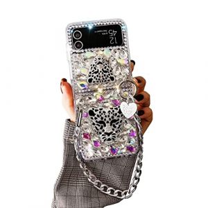 CrazyLemon Coque pour Samsung Galaxy Z Flip 4 5G, Silicone Paillettes Luxe Mode Cool T&ecirc;te L&eacute;opard Argent Panther &Eacute;tincelle Brillant Strass Design avec Cha&icirc;ne &Eacute;tui de Protection pour Femme (CrazyLemon-EU, neuf)