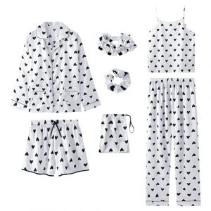 Jamron Femme 7PCS Satin Ensemble Pyjama Top & Pantalon Shorts Vêtements de Nuit Loungewear SN07655 Blanc Cœur M (No.7 Fashion House, neuf)