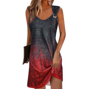 Yeenily Robe Femme Col en V sans Manches D&eacute;contract&eacute;e Plage Robes Chic et Elegant &Eacute;t&eacute; Couleur Unie Mini Longue Tunique Robe (Noir-Rouge Impression, XXL) (AOXIDE, neuf)