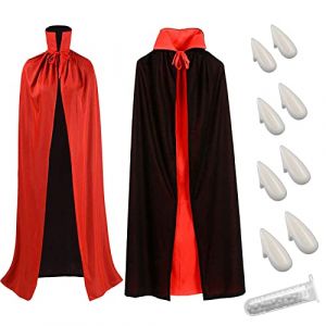 CMJBUHR Cape Vampire,Noir Rouge Cape Diable Réversible,Deguisement Halloween Dracula Médiéval 140cm, 8pcs Dentiers De Vampire,1 Bouteille d'Anneau Dentition (YELLOW FLYINGMAN LIMITED, neuf)