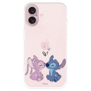 Coque compatible avec iPhone 16 officielle Disney Angel & Stitch Baiser pour protéger votre téléphone portable Coque en silicone transparente souple sous licence officielle Lilo & Stitch (La Casa de Las Carcasas, neuf)