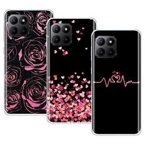 EuoDuo 3-Pi&egrave;ces pour Honor X6 Coque Silicone Transparente avec Motifs Ultra Fin TPU Souple Bumper Housse Etui de Protection, Noir C&oelig;urs d'amour Rose Fleur (VLQI, neuf)
