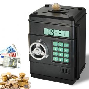 FISHTEC Tirelire Electronique avec Comptage Automatique - Coffre Fort Digital à Code 6 Chiffres Compartiment Pièce et Billet - Fonction Horloge - Idéal Cadeau Anniversaire Noel (SOLDELA ®, neuf)