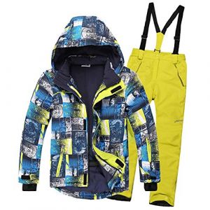 SXSHUN Combinaison de Ski/Neige Manteau et Salopettes Pantalons Epaisse Imperméable Coup Vent pour Enfant Fille Garçon 3-16 Ans, Bleu + Jaune, 5-6 Ans/Stature 110-120cm (SXSHUN-EU, neuf)
