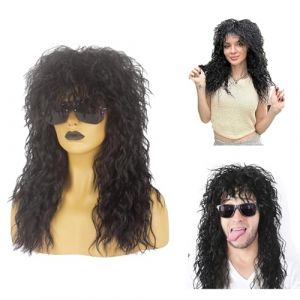 woojfcang Perruque noire Mullet des années 70 et 80 pour homme et femme, style rocker, disco, longue, bouclée, ondulée, rock star – Costume hippie, fête, cosplay, Halloween, Noël (cangpu, neuf)