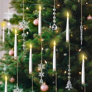 Lanpn Bougies LED de Sapin de No&euml;l 12 Pcs, Bougie Noel Sans Flamme &agrave; Piles avec T&eacute;l&eacute;commande & D&eacute;corations No&euml;l en Cristal, Bougies Coniques &agrave; Suspendre D&eacute;cor pour Arbres Maison F&ecirc;te, Blanc (Novasea TD, neuf)